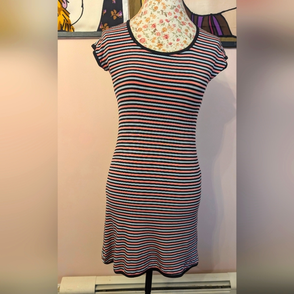 Vintage 90's Striped Black and Pink Stretch Mini Dress